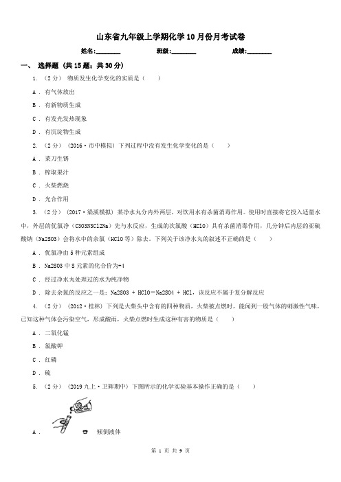 山东省九年级上学期化学10月份月考试卷