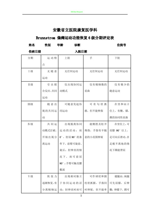 Brunnstrom 运动功能恢复6级分期评定表