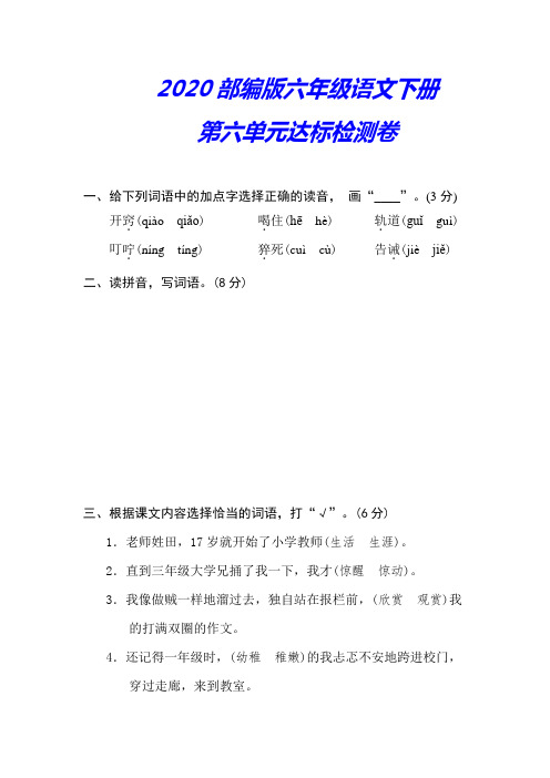 【2020新审定】部编版六年级语文下册《第六单元检测卷》(附答案)