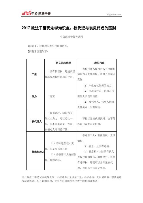 2017政法干警民法学知识点：权代理与表见代理的区别