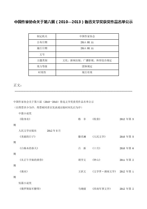 中国作家协会关于第六届（2010—2013）鲁迅文学奖获奖作品名单公示-