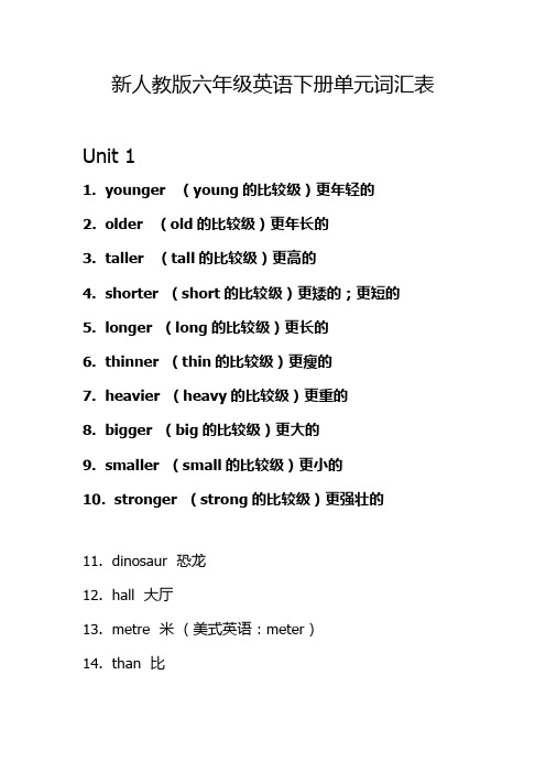 (完整)新人教版六年级英语下册单元词汇表