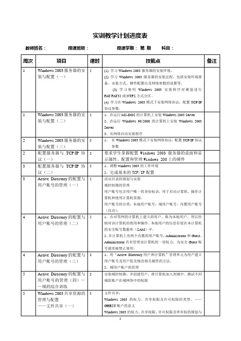 服务器配置实训教学计划进度表-周6课时