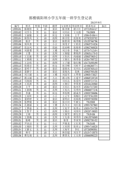 五年级一班学生登记表