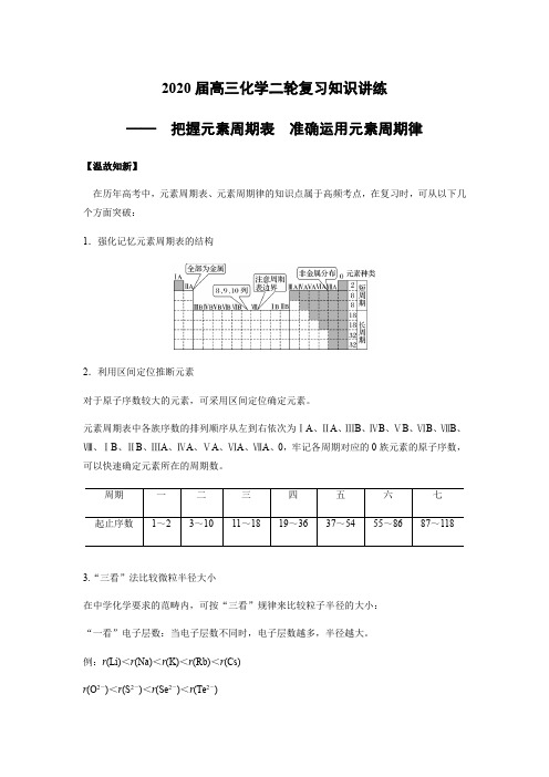 2020届高三化学二轮复习知识讲练—— 把握元素周期表 准确运用元素周期律