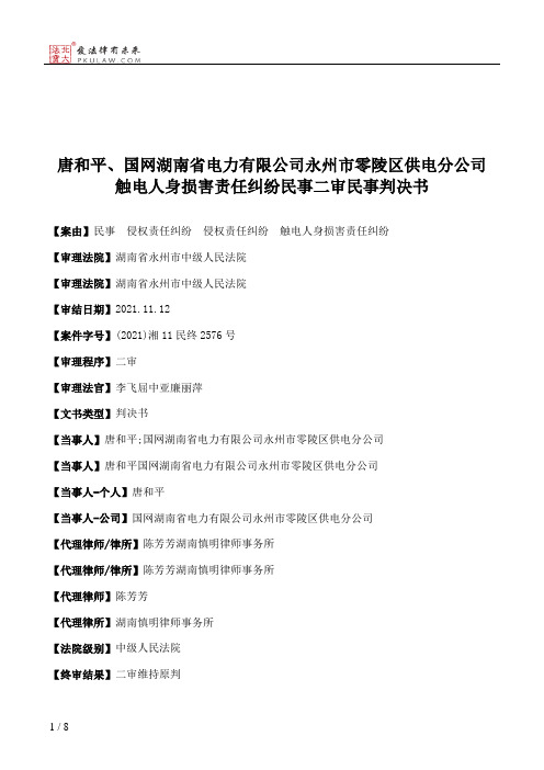 唐和平、国网湖南省电力有限公司永州市零陵区供电分公司触电人身损害责任纠纷民事二审民事判决书