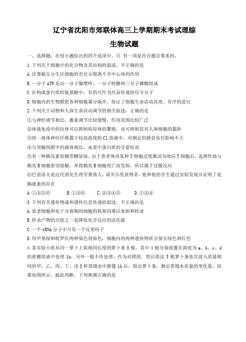 辽宁省沈阳市郊联体高三上学期期末考试理综生物试卷(有答案)