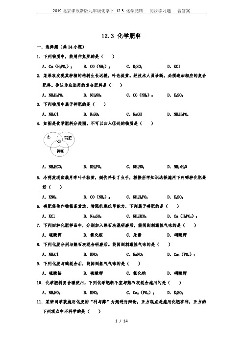 2019北京课改新版九年级化学下 12.3 化学肥料   同步练习题   含答案