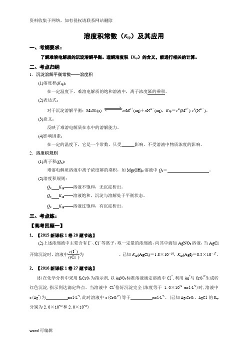 届高三化学一轮复习溶度积常数(Ksp)及其应用演示教学