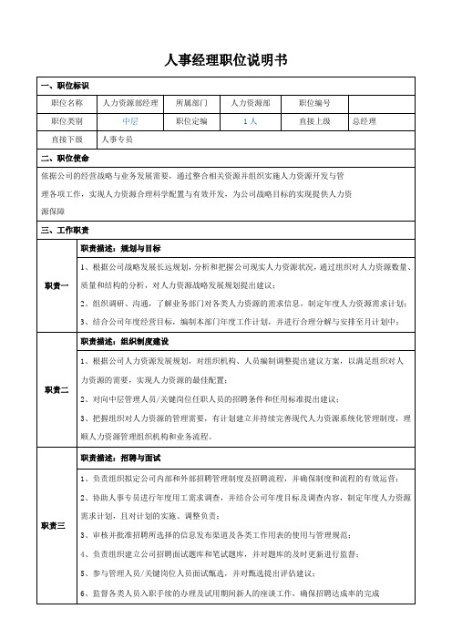 人力资源部经理岗位职责说明书