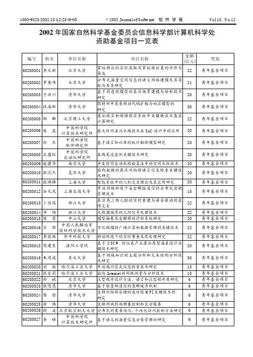 2002年国家自然科学基金委员会信息科学部计算机科学处资助基金项目一览表