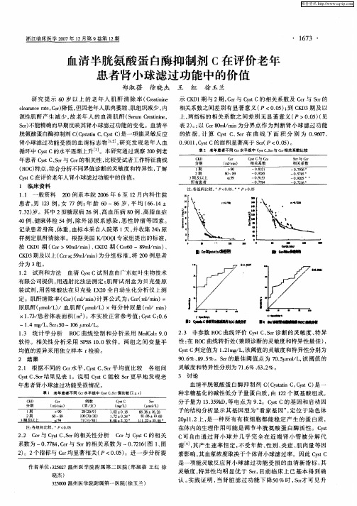 血清半胱氨酸蛋白酶抑制剂C在评价老年患者肾小球滤过功能中的价值