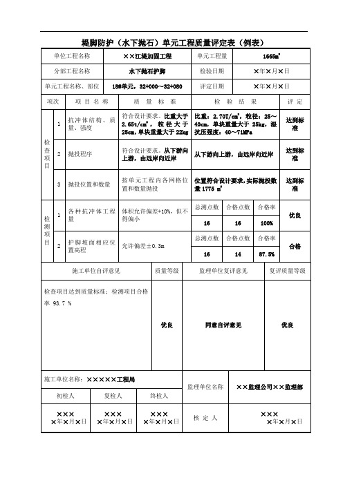 堤脚防护(水下抛石)单元工程质量评定表(例表)