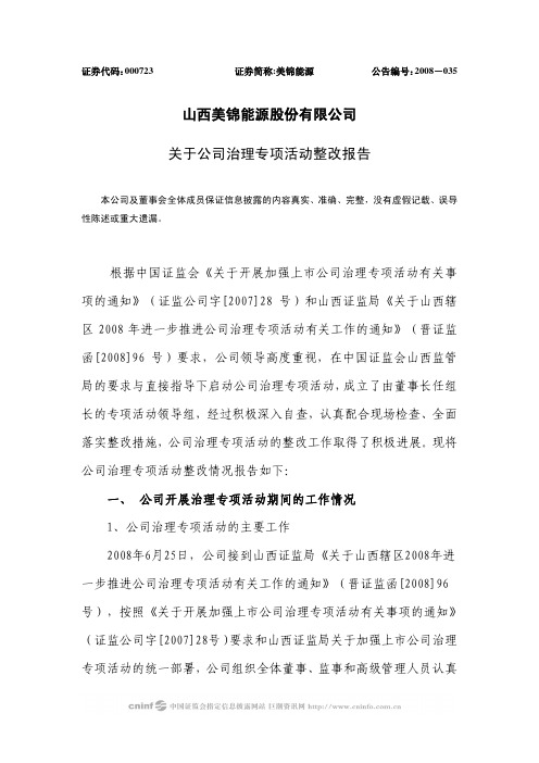 山西美锦能源股份有限公司关于公司治理专项活动整改报告