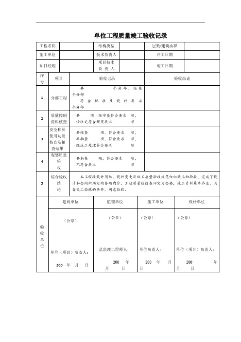 单位工程质量竣工验收记录表