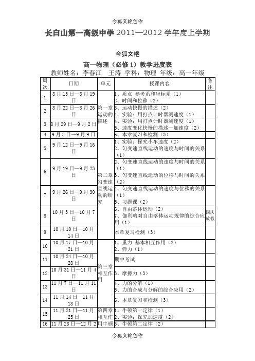 2021年高一物理教学进度表(上)之令狐文艳创作