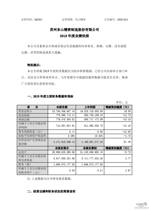 东山精密:2019年度业绩快报