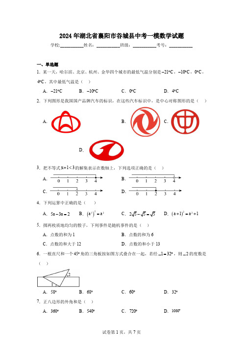 2024年湖北省襄阳市谷城县中考一模数学试题