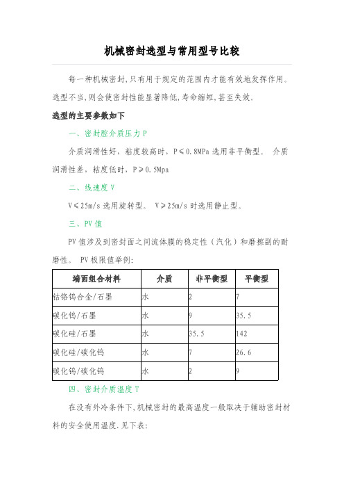 机械密封选型与常用型号比较