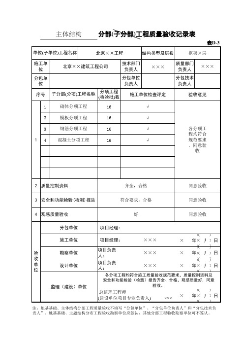 主体结构分部(子分部)工程质量验收记录表