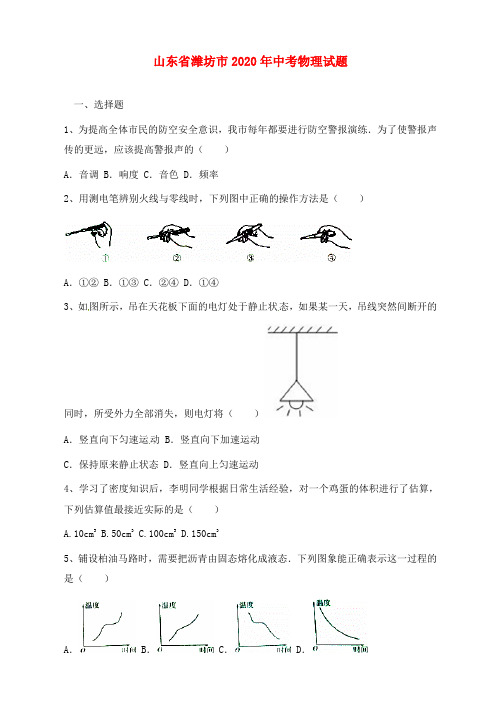 山东省潍坊市2020年中考物理真题试题(含答案)