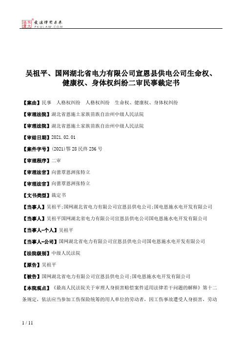 吴祖平、国网湖北省电力有限公司宣恩县供电公司生命权、健康权、身体权纠纷二审民事裁定书