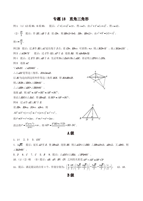 初中八年级数学竞赛培优讲义全套专题18 直角三角形_答案[精品]