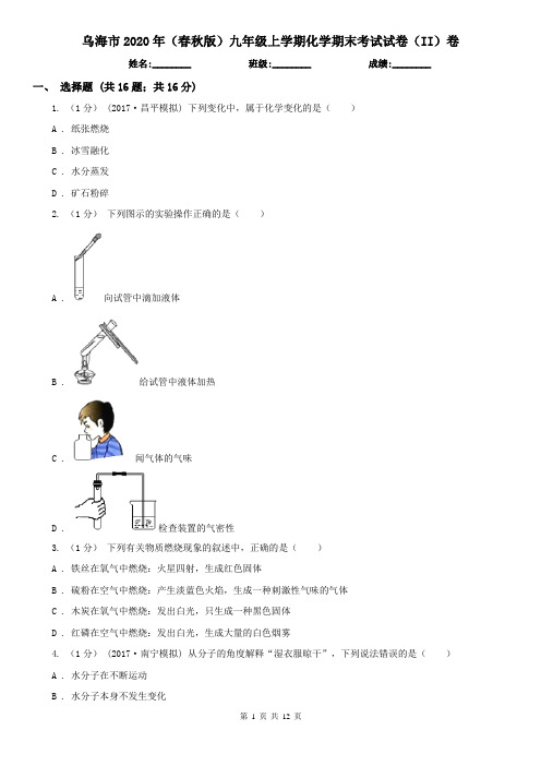 乌海市2020年(春秋版)九年级上学期化学期末考试试卷(II)卷