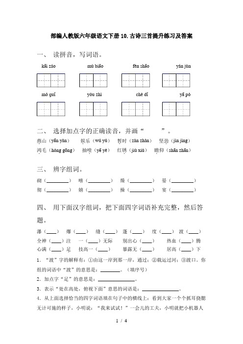 部编人教版六年级语文下册10.古诗三首提升练习及答案