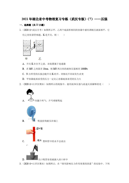 2021年湖北省中考物理复习专练(武汉专版)(7)——压强