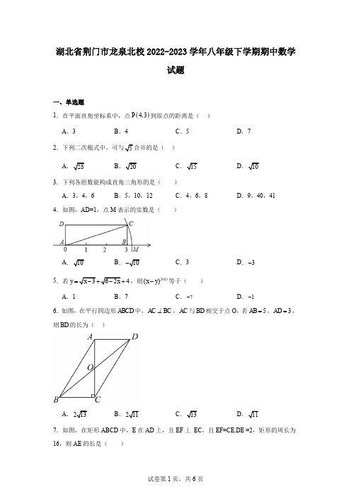 湖北省荆门市龙泉北校2022-2023学年八年级下学期期中数学试题