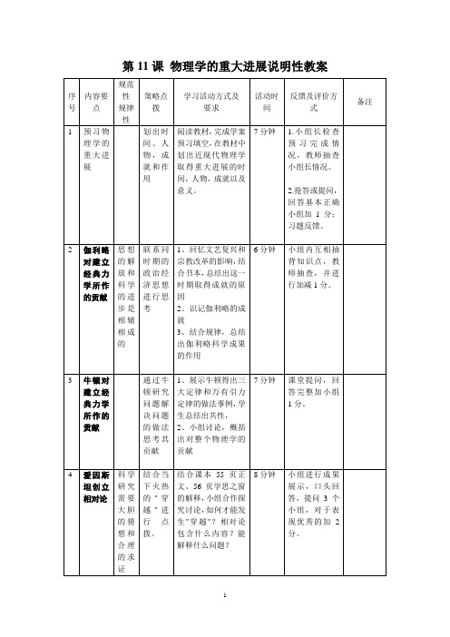 高二历史必修三：第11课+物理学的重大发展说明性教案