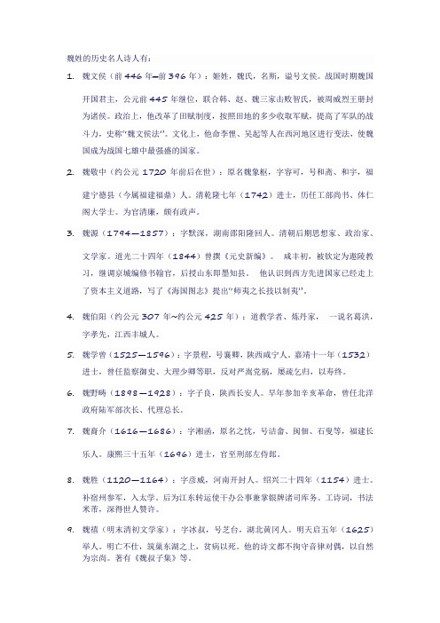 关于魏姓的历史名人诗人