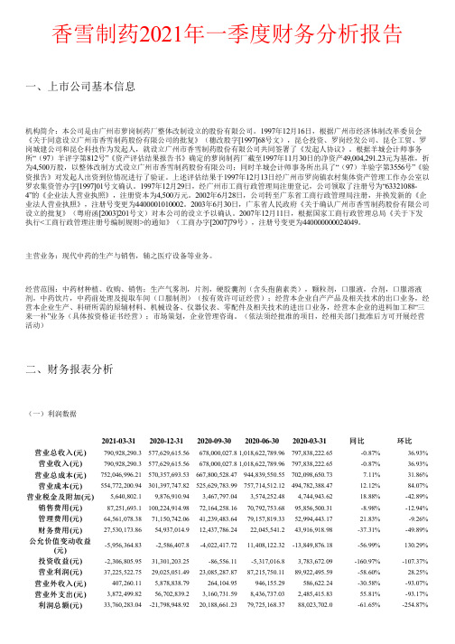 香雪制药2021年一季度财务分析报告