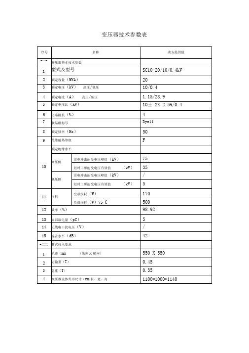 10KV干式变压器全参数表