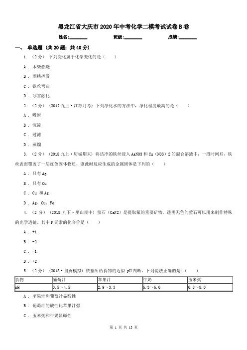 黑龙江省大庆市2020年中考化学二模考试试卷B卷