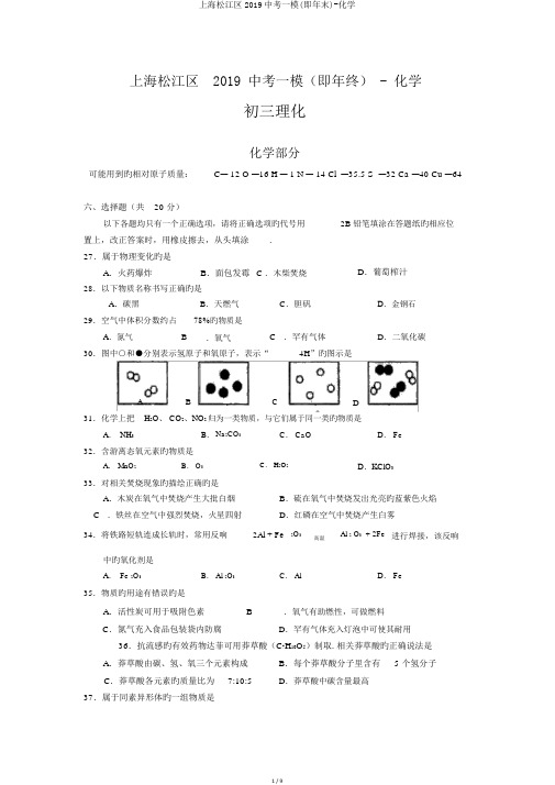 上海松江区2019中考一模(即年末)-化学