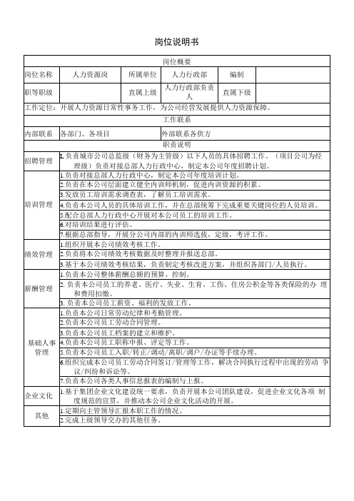 岗位说明书人力资源岗