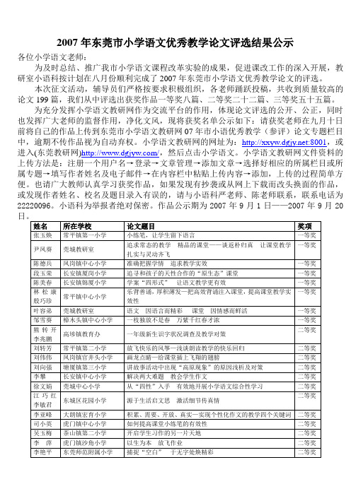 2007年东莞市小学语文优秀教学论文评选结果公示