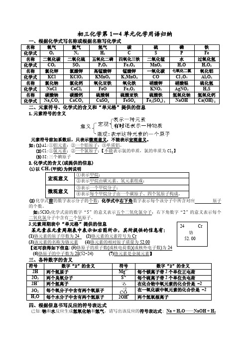 初三化学第1—4单元化学用语归纳