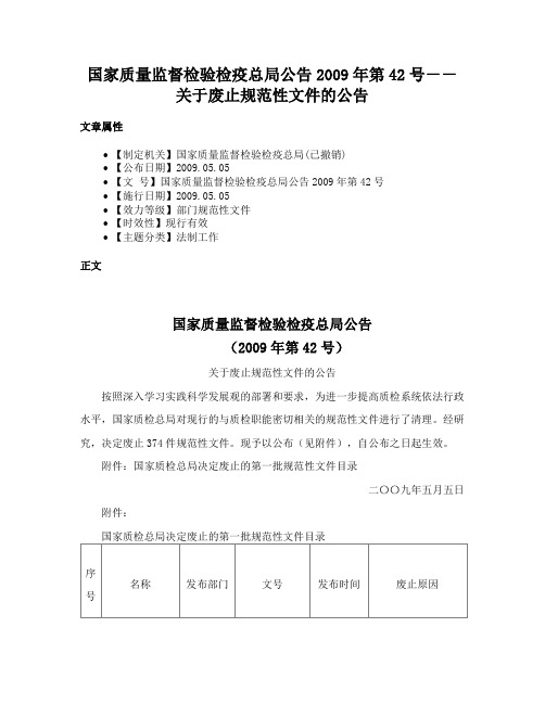 国家质量监督检验检疫总局公告2009年第42号－－关于废止规范性文件的公告