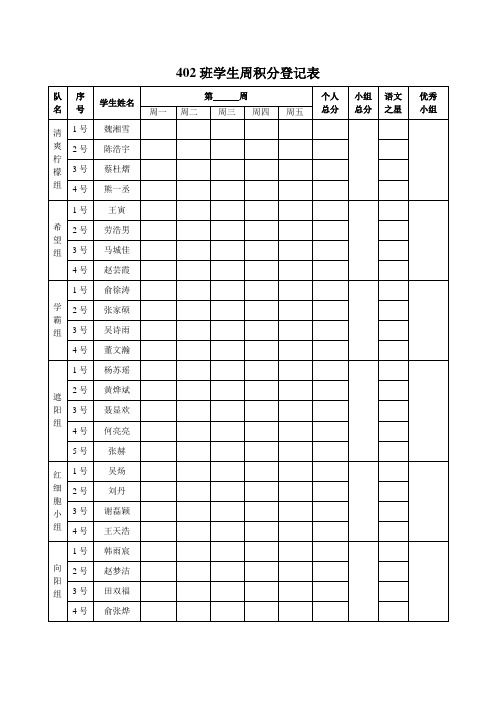 402班学生周积分登记表