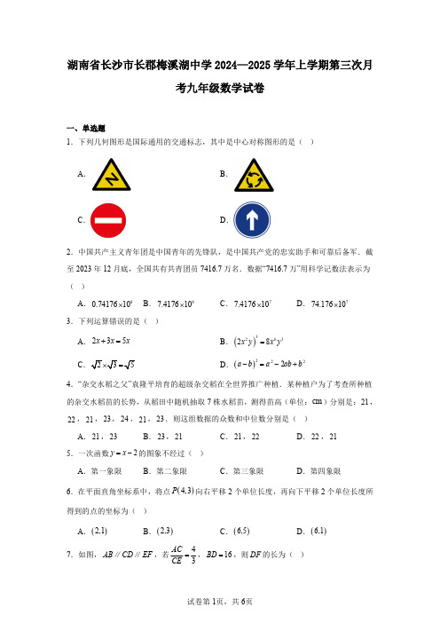 湖南省长沙市长郡梅溪湖中学2024—2025学年上学期第三次月考九年级数学试卷