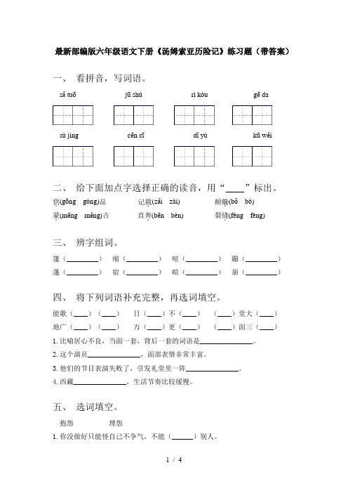 最新部编版六年级语文下册《汤姆索亚历险记》练习题(带答案)