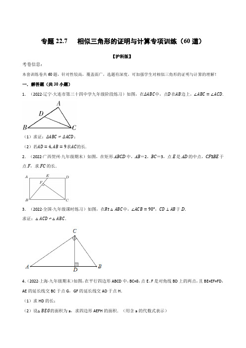 中考数学专题《相似三角形的证明与计算专项训练》(沪科版)原卷