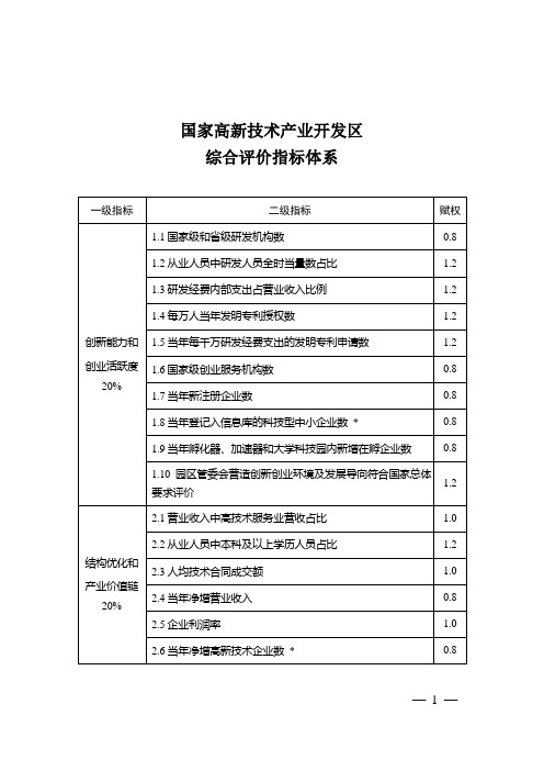 国家高新技术产业开发区综合评价指标体系