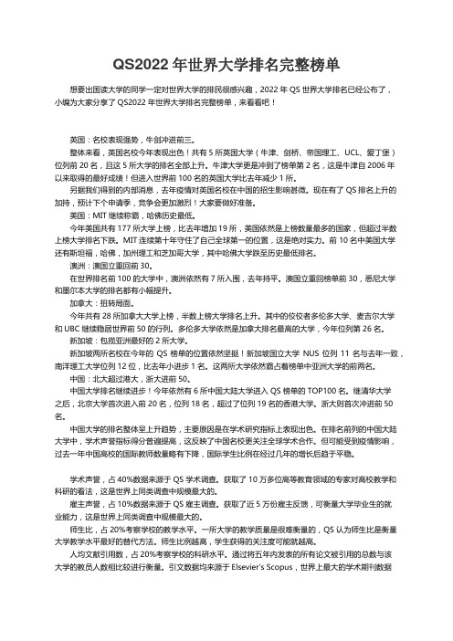 QS2022年世界大学排名完整榜单