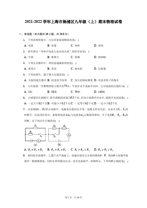 2021-2022学年上海市杨浦区九年级(上)期末物理试题及答案解析