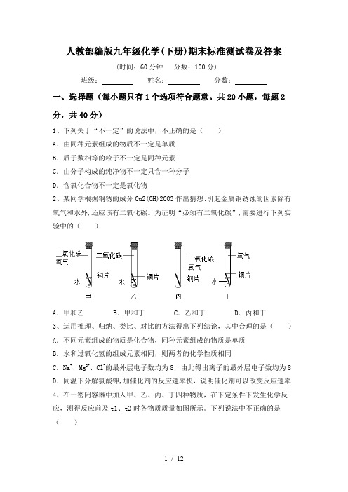 人教部编版九年级化学(下册)期末标准测试卷及答案