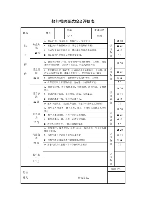 教师招聘面试综合评价表